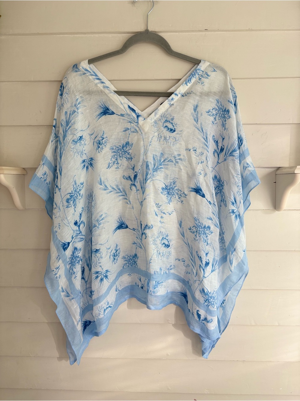 Talbots Blue and White Floral Linen Blend Poncho Caftan Top Women’s Size Medium